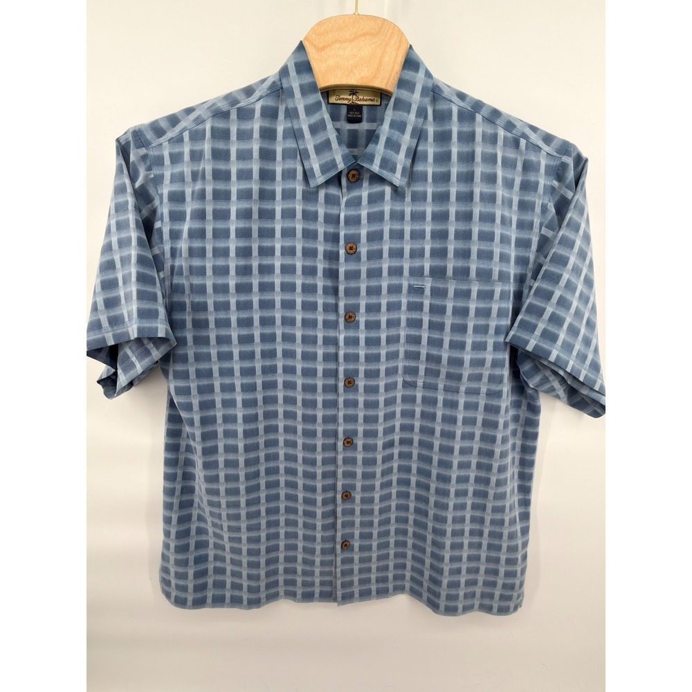 Tommy Bahama Mens L 100% Silk Camp Shirt Short Sleeve Blue Check Button Down